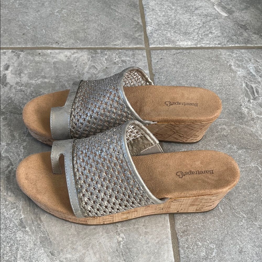 BareTraps Silver and Tan Woven Wedges